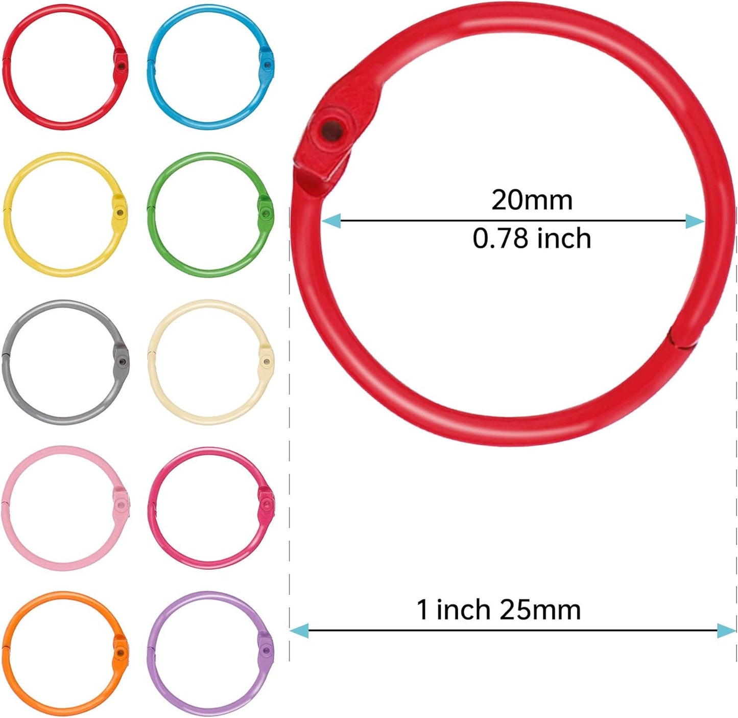 1 Inch (50 Pack) Metallic Loose Leaf Binder Rings for Flashcards, Index Cards, Keychains, Colorful Small Metal Steel Book Ring Clips for Keyrings, Office, School, Home - 10 Colors
