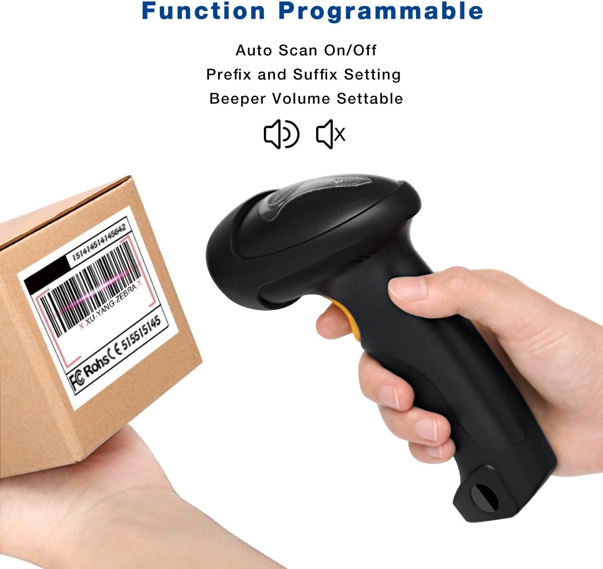 Barcode Scanner (2.4GHz Wireless USB Automatic & USB2.0 Wired) Rechargeable 1D Handheld Bar-Code Reader Support for FedEx and USPS Maximum Offline 2600 Code Entries