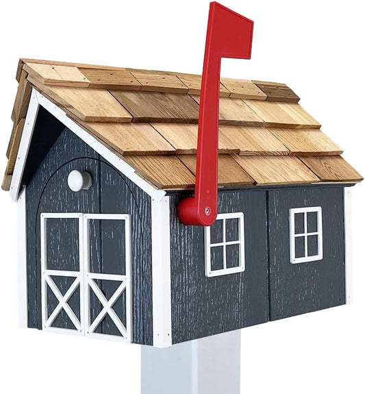 Peaceful Classics Amish Cedar Roof Wooden Mailbox with Window & Door Trim, Handcrafted Mailboxes for Outside, Post Mount Residential Mailboxes - (Dark Gray & White, Wood)