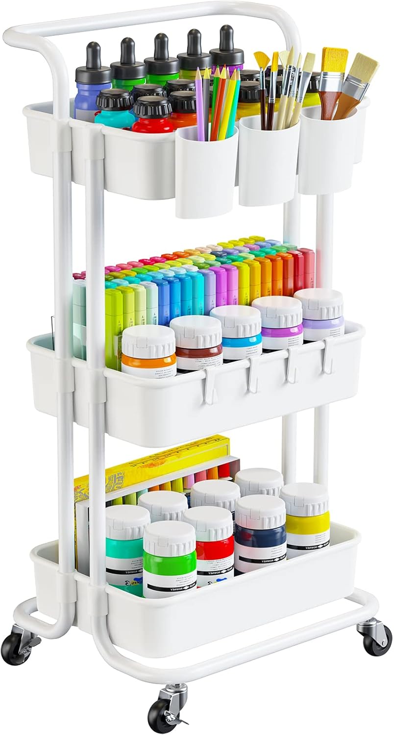 Pipishell 3-Tier Rolling Cart with Wheels - Rolling Storage Cart with Hanging Cups & Hooks - Mobile Utility Cart for Office, Kitchen, Craft Room - Art & Craft Organizer, White, PIUC06W