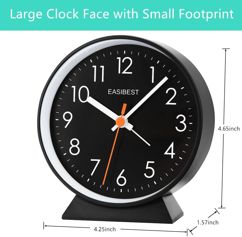 No Ticking Silent Alarm Clock,Easy to Read and Use,Ascending Sound,1 AA Battery Operated,Snooze Light,Bedside Desk Clock,Black