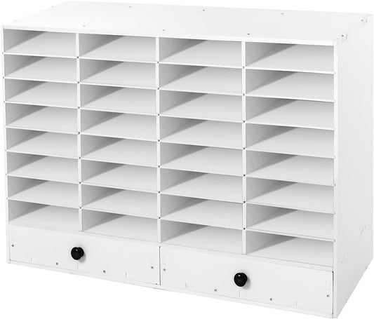 Adjustable Literature Organizer, 32 Slots File Folder Organizer Storage Rack Desktop Letter Office Cabinet 32 Compartment with 2 Drawers Paper Storage Cabinet for Classroom (32+2-Slot-White)
