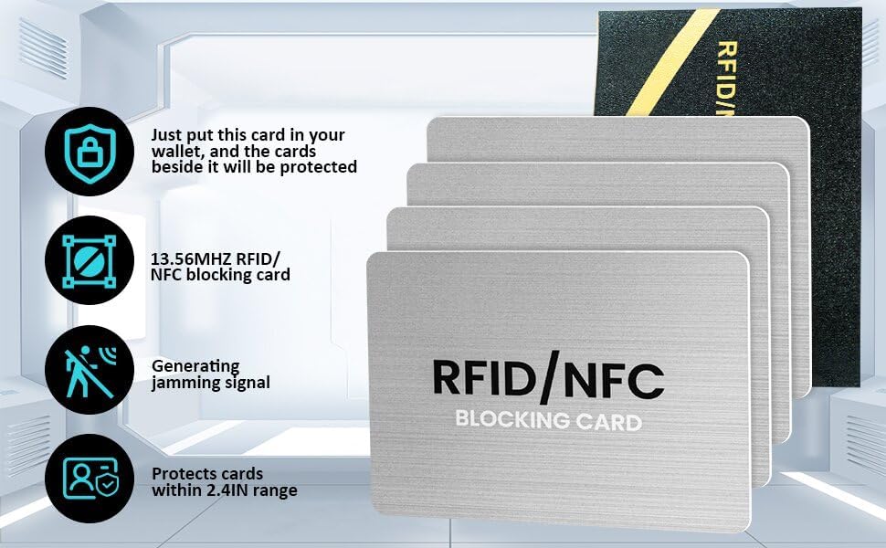 RFID Blocking Cards, Premium Contactless NFC Debit Credit Card & Passport Protector Blocker Set for Men & Women - Smart Slim Design One Card Protects Entire Wallet/Purse Safe -Silver 4 pack