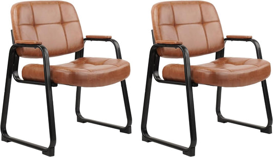 CLATINA Big & Tall 500 lbs Waiting Room Chairs with Padded Armrests and Sled Base, Leather Stationary No Wheels Office Guest Chair for Reception Lobby Home and Meeting Conference, Brown (2 Pack)