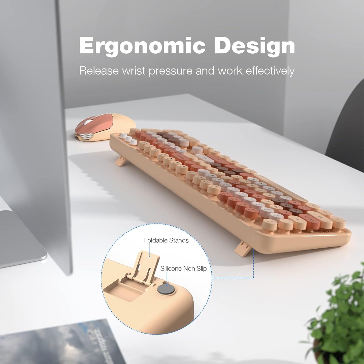 MOFII Wireless Keyboard and Mouse Combo,2.4GHz Retro Full-Size Keyboard with Number Pad and Cute Wireless Mouse for Computer PC Desktops Laptop WindowsxP/7/8/10(Milk Tea Colorful-B)