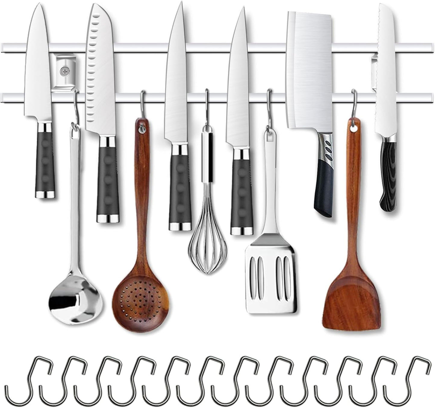 YIIYIIN 24-Inch Magnetic Knife Holder for Wall – 304 Stainless Steel Knife Strip with 12 Hooks – Magnetic Knife & Utensil Rack