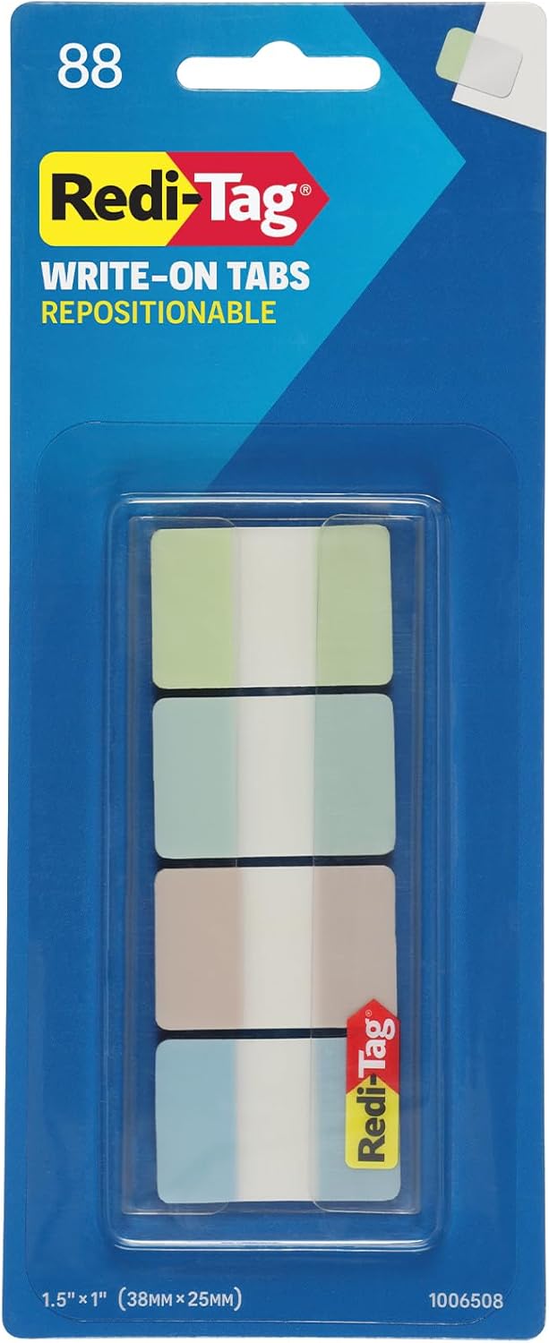 Redi-Tag Write-On Tabs, Repositionable Tabs for Binders and Planners, Removable Pop Up Tags, 4 Calming Colors, 1" x 1.5", 88 Per Pack (1006508)