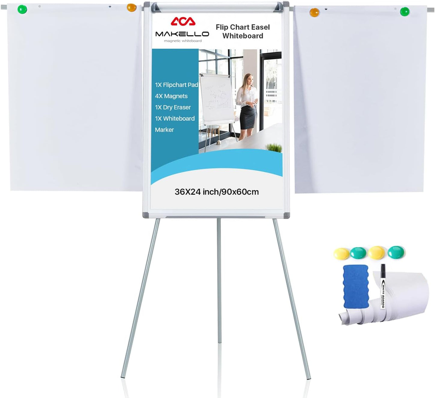 MAKELLO Flip Chart Easel, Magnetic Dry Erase Board with Stand for Office Classroom Home School, Extended Display Arms and Adjustable Height, 36x24 in