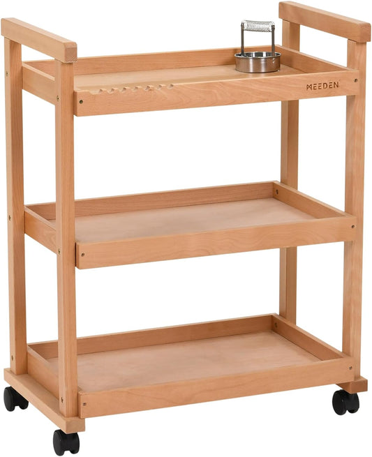 MEEDEN Art Cart Storage Organizer, 3-Tier Rolling Utility Studio Taboret with Caster Wheels, Multifunctional Storage Trolley Shelving Unit on Wheels, Solid Beechwood Art Supplies Studio Cart Classroom