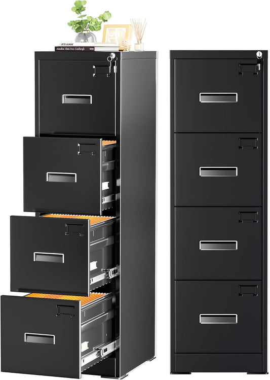 Crownland Lateral File Cabinet with 4 Drawers, 15" W Metal Lockable Office File Cabinets for Home Office- Stores Letter/Legal/A4/F4 Files(Black)