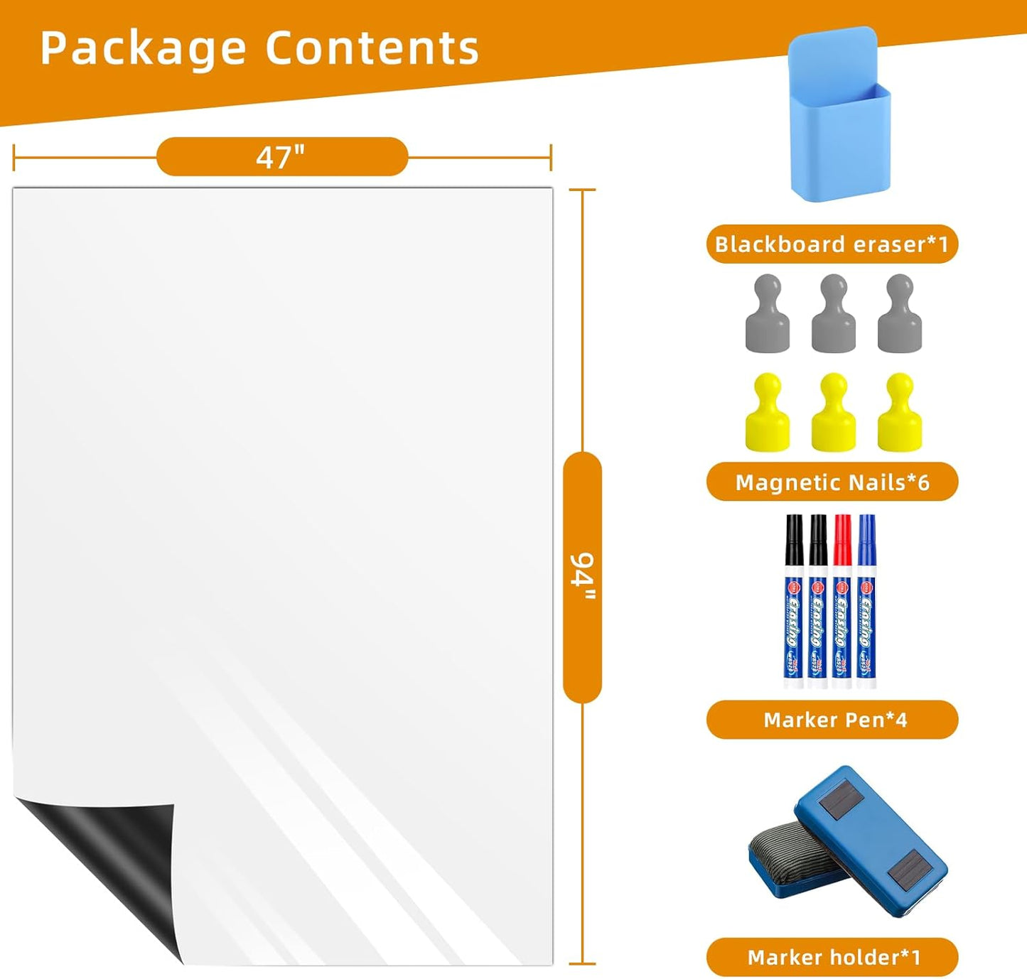 Magnetic Whiteboard Contact Paper, 47" x 94" Stick on Magnetic Dry Erase White Board Sticker on Wall, Easy to Write for Drawing, School, Office, Kitchen Fridge
