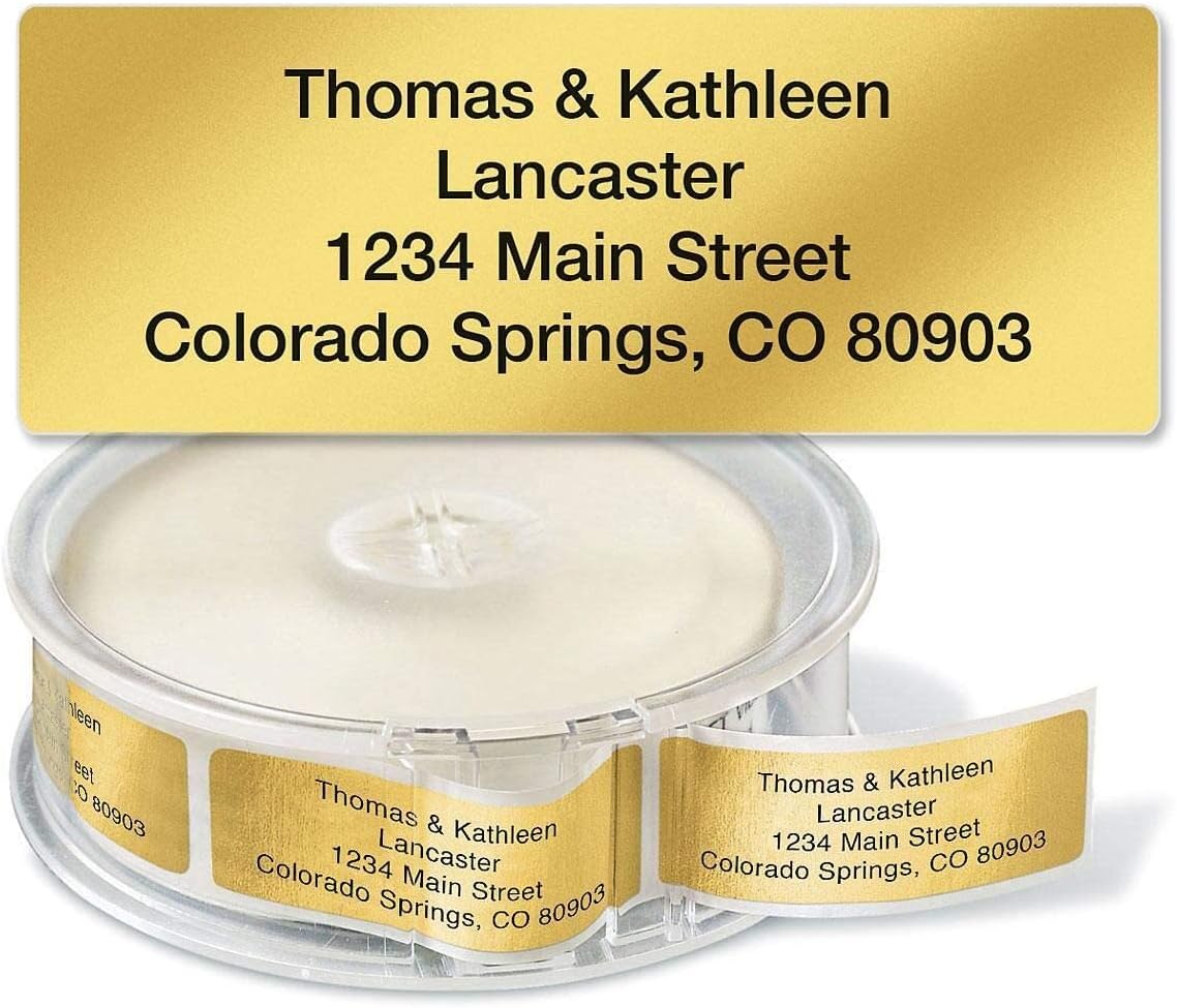 Colorful Images Gold Metallic Foil Rolled Return Address Mailing Labels with Dispenser, Customize with Name & Shipping Address, 500 Self Adhesive, Easy Peel Sticker Label Roll, 3/4" x 2 1/2"