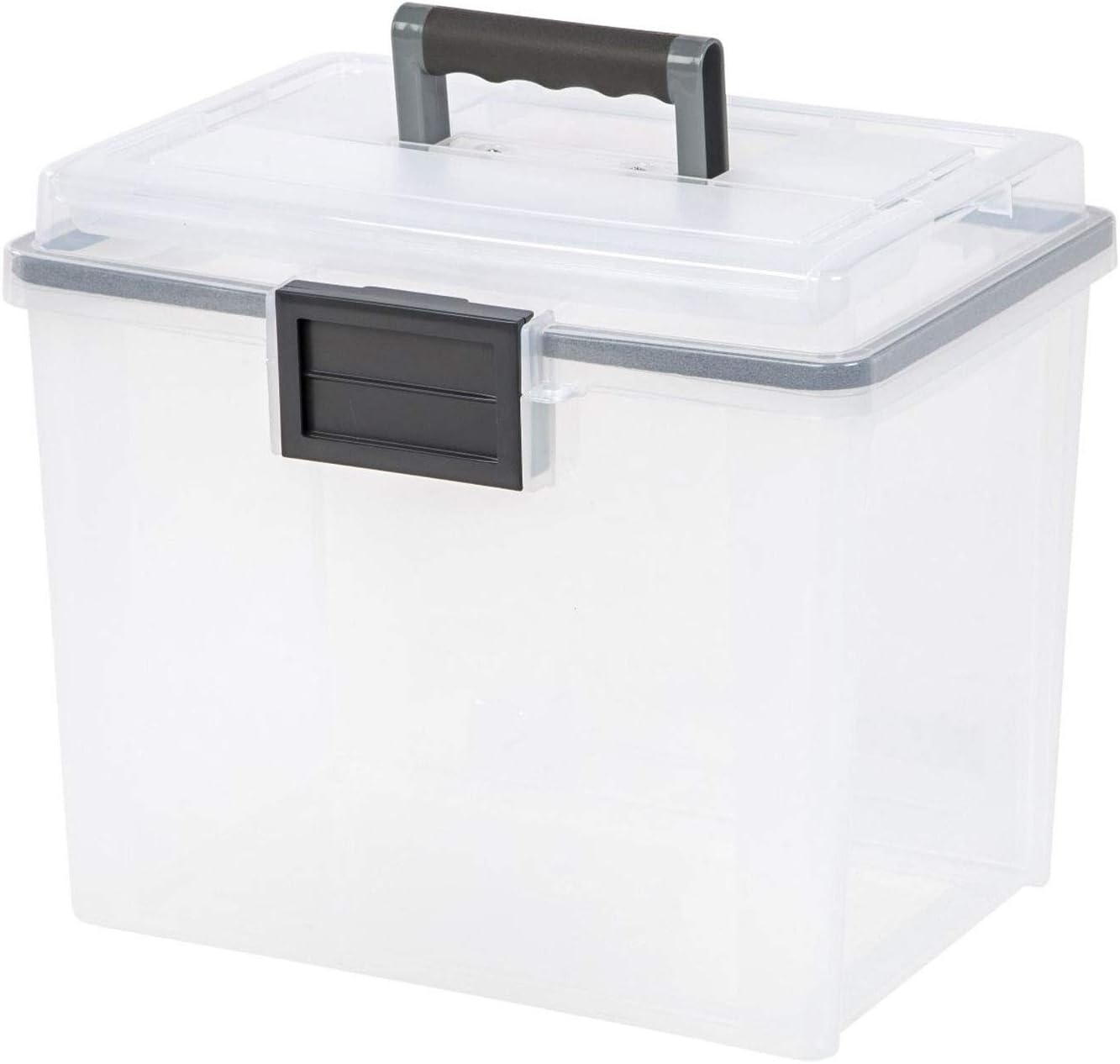 IRIS USA File Box WeatherPro Portable File Organizer Plastic File Box for Letter File w/ Organizer-Lid, Durable Lid and Gasket Seal, Secure Latching Buckles, Stackable, Lockable, Clear 19 Qt. 4 Pack