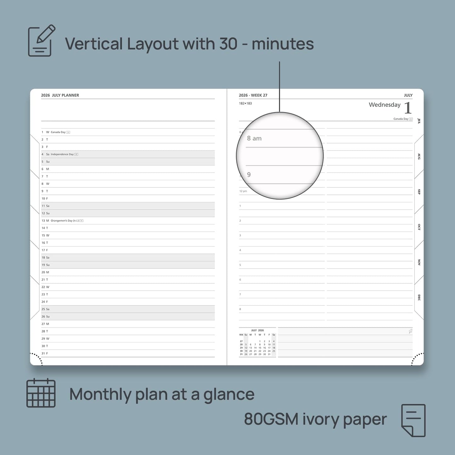 POPRUN 2026 Daily Planner One Page Per Day Even Weekends A4 Large Size (8.5" x 12") - 12 Months Calendar Hourly Appointment Book with Inner Pocket, Pen Holder, Hardcover - Navy Blue