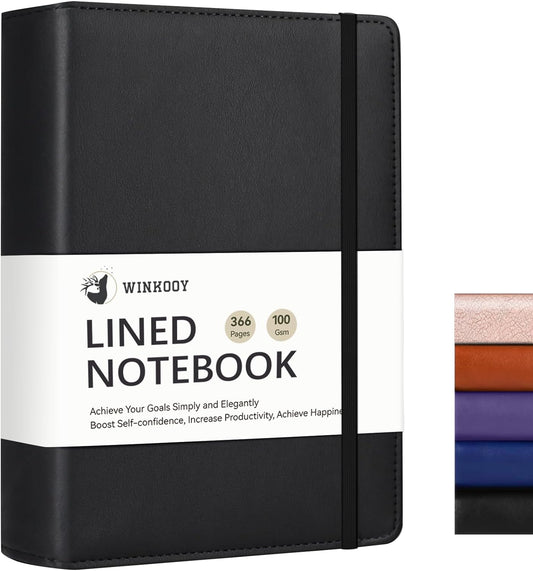 Lined Journal Notebook, 366 Pages, 100Gsm Leather Hardcover Journals for Writing Thick A5 College Ruled Classic Notebook with Pen Loop, Daily Journal for Women Men, 5.75'' X 8.38'', Black
