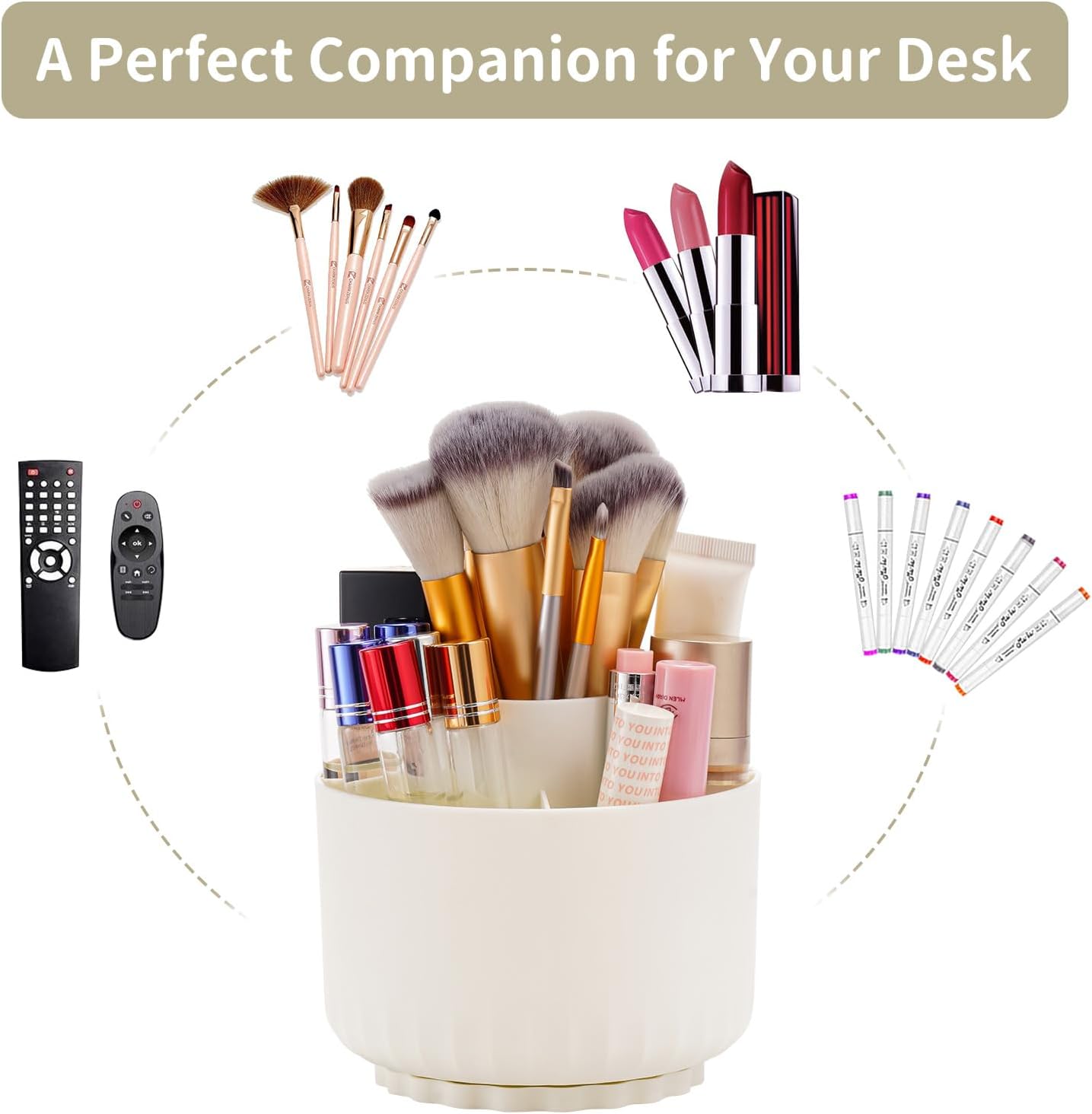 Marbrasse Desk Organizer, 360-Degree Rotating Pen Pencil Holder, Desk Organizers and Accessories with 5 Compartments Pencil Organizer, Art Supply Storage Box Caddy for Office, Home(Beige)