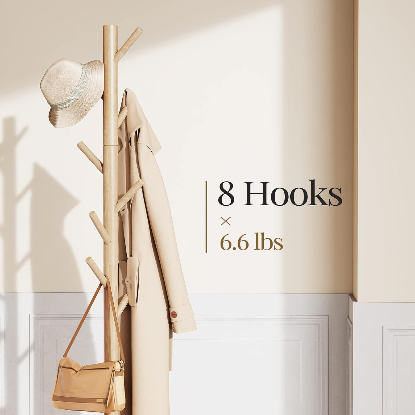 Pipishell Coat Rack Sturdy Wooden Coat Rack Stand, Adjustable Coat Tree, Free Standing Tree Hanger with 4 Sections & 8 Hooks, for Home/Bedroom/Office/Hallway/Entryway