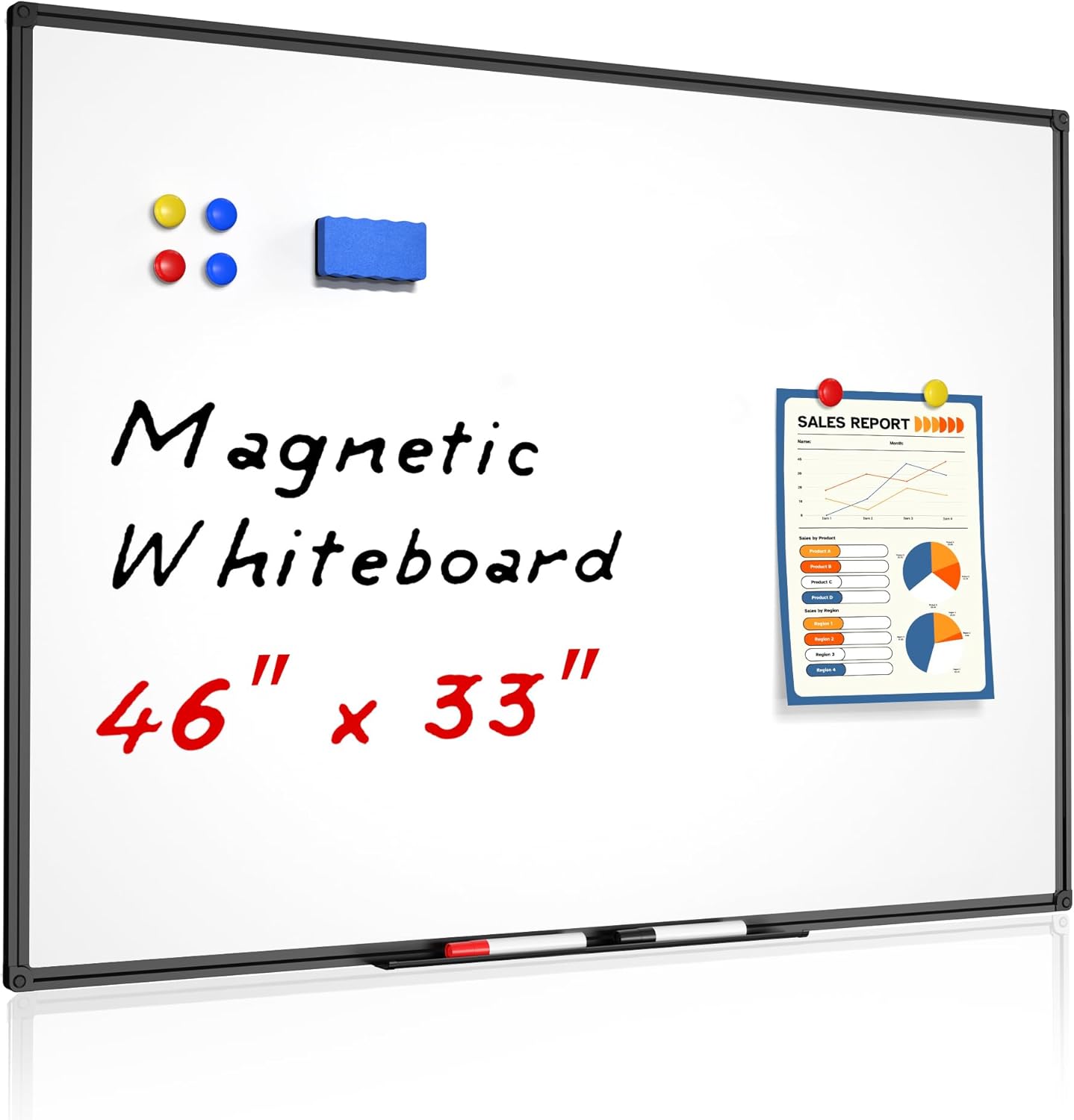 Magnetic Dry Erase White Board - 46 x 33 Inch Whiteboard for Wall - 4 x 3 Large Wall-Mounted Board with Black Aluminum Frame, 1 Magnetic Eraser, 2 Pens, 1 Detachable Marker Tray, 6 Magnets