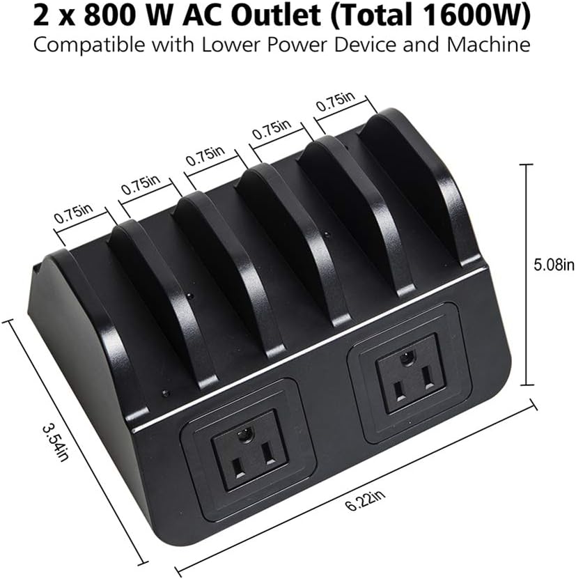 5 USB Ports Charging Station Organizer for Multiple Devices Fast Charging Desktop Stand for Apple Android Phone Tablet 1600W 2 AC Power Outlets Charger Dock for Home Office 3 Prong Cord Black