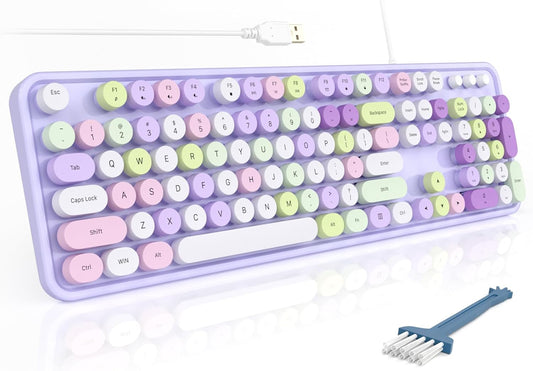 MOFII Colorful Computer Keyboard Wired, Cute Full Size Keyboard Typewriter Style, USB Keyboard with Foldable Stands for Windows, Laptop, Desktop, PC (Purple Colorful)