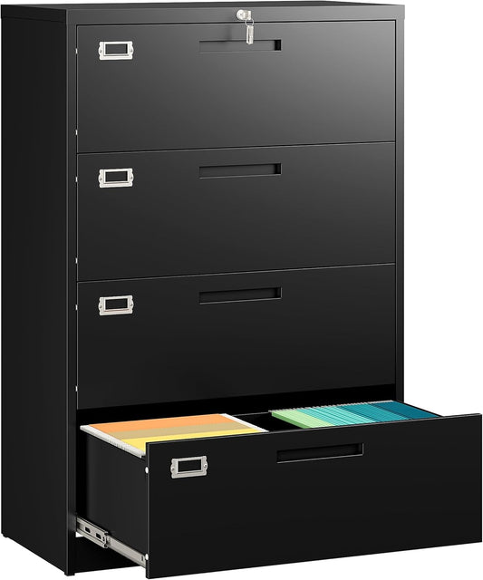 SISESOL 4 Drawer Lateral File Cabinet with Lock,Black Lateral Filing Cabinet,Horizontal Metal Filing Cabinets,Locked Wide Four Drawer File Cabinets for Office Home,Fit A4/F4/Letter/Legal File