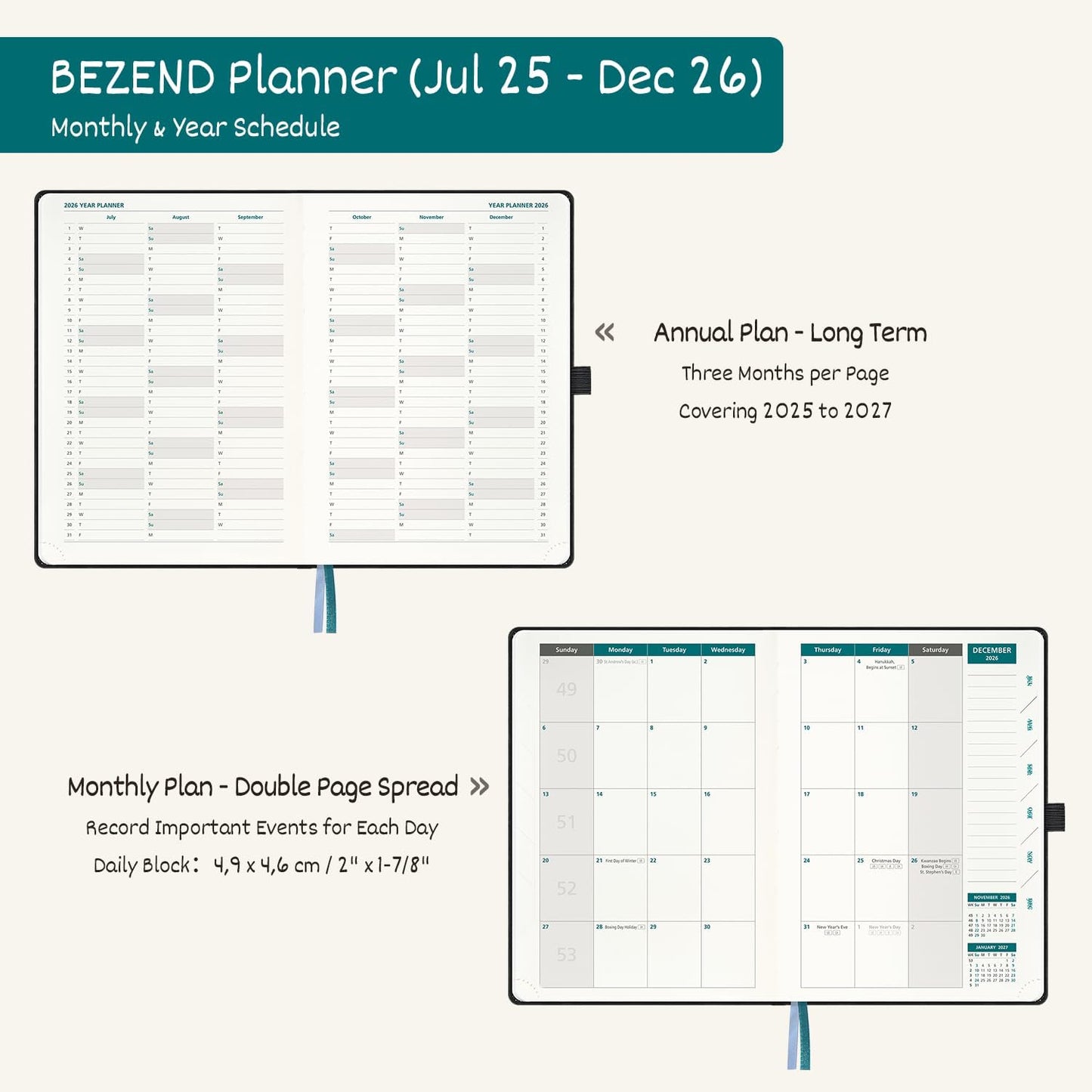 BEZEND Weekly Planner 2025-2026 with 2 Columns, 8.5" x 11" Academic Calendar 18 Months (Jul 25-Dec 26) Life Work Appointment Book with Monthly Tab, PU Leather Hardcover - Mustard