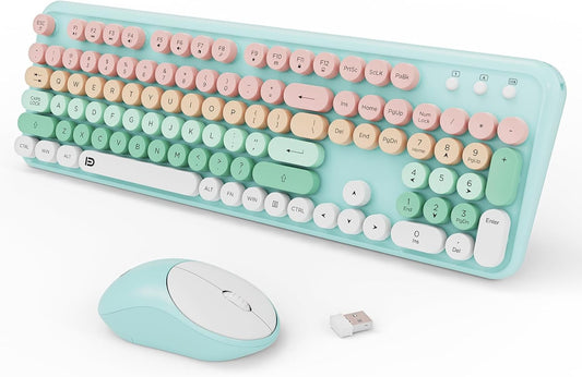 Keyboard and Mouse Wireless,2.4Ghz Retro Typewriter Style Round Keycap,Full Size Wireless Keyboard Mouse Combo,Cute Cordless Keyboard Mouse Set for PC Laptop Desktop Computer-Green White Pink Colorful
