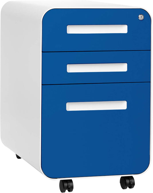 Laura Davidson Furniture Stockpile 3 Drawer File Cabinet with Lock - Under Office Desk Metal Filing Cabinet, Legal/Letter File Folders, Wheels and Stationary Feet, Pre-Assembled, Blue Faceplate