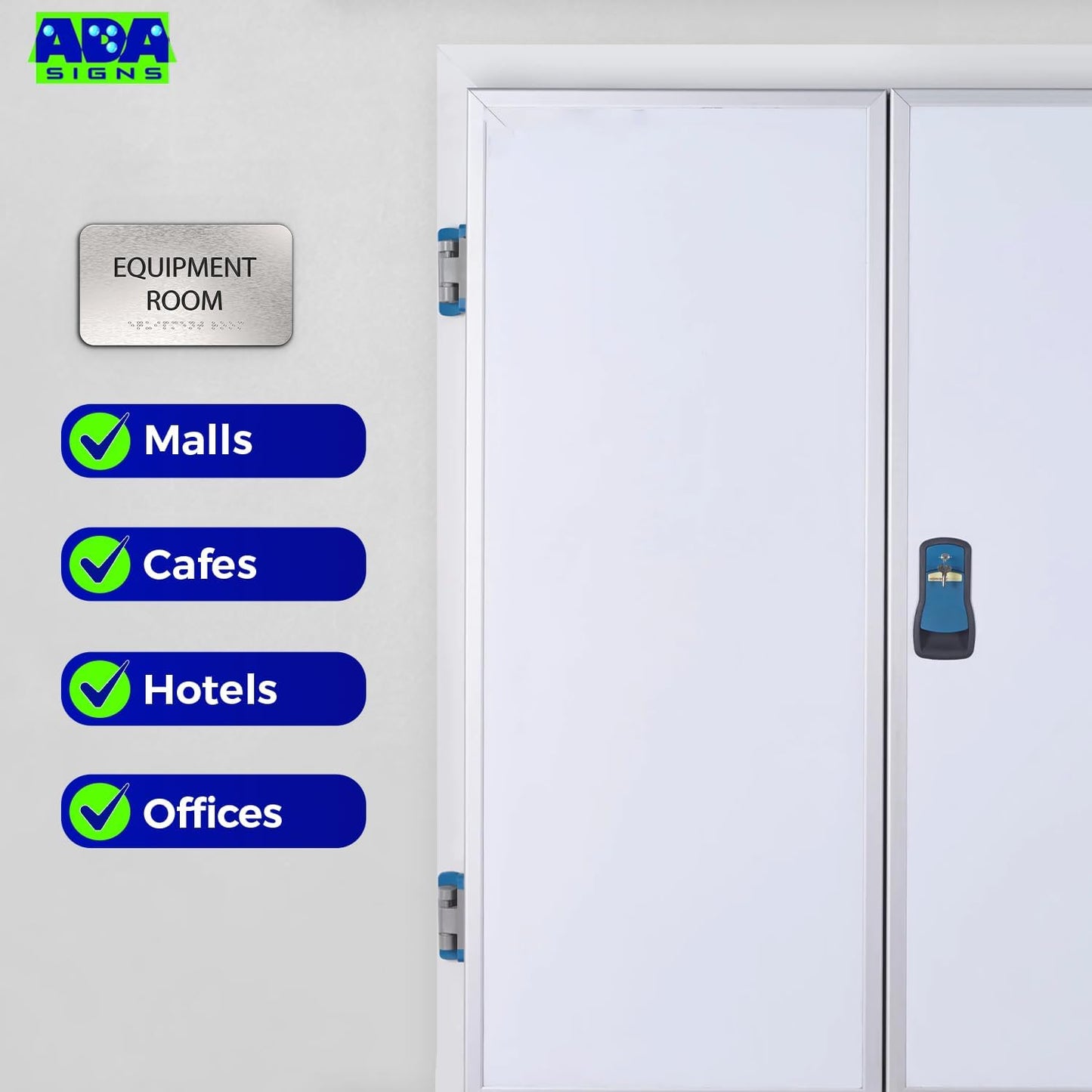 ADASigns Equipment Room Sign 7" W x 4" H - Durable Brushed Aluminum with Grade 2 Braille - Easy Installation with Strong Double Sided Tape - ADA Compliant Office Door Signs for Businesses & Offices