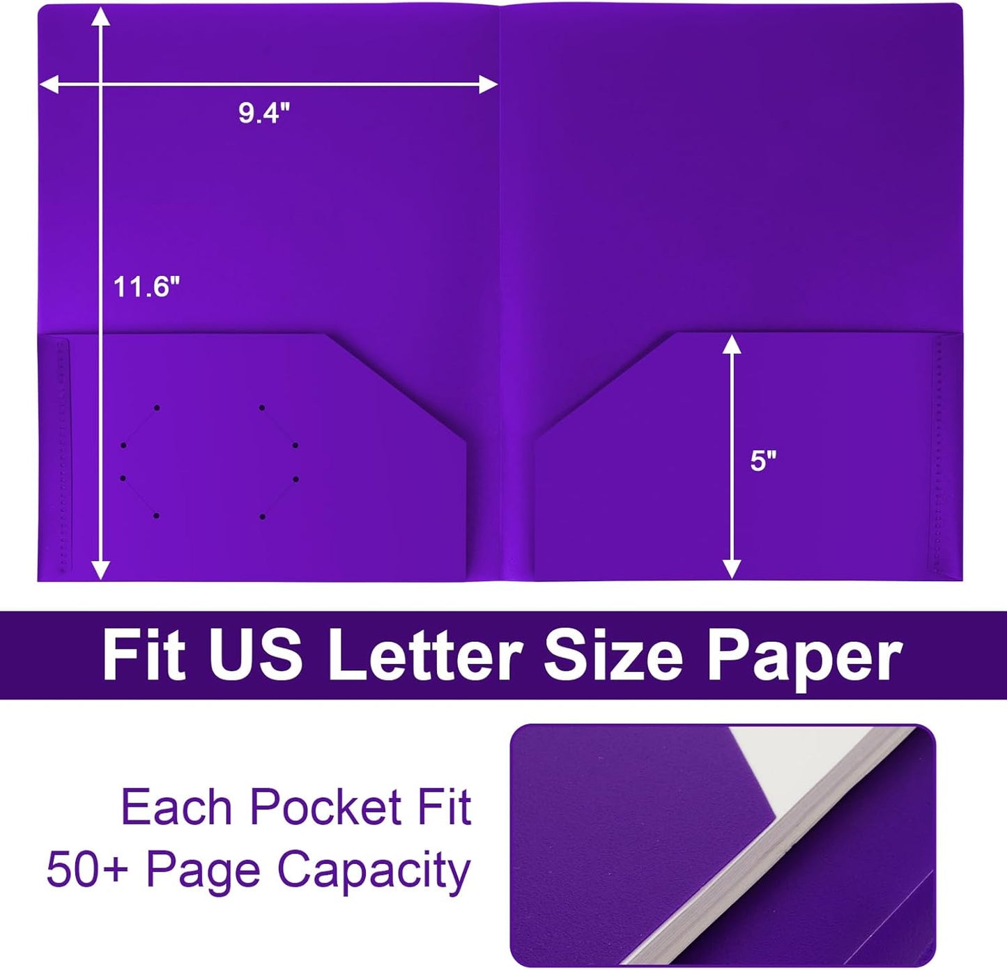 60-Pack Plastic Folders with Pockets,2-Pocket Poly Folders Holds 8-1/2" x 11" Paper for School/Office/Home, Purple