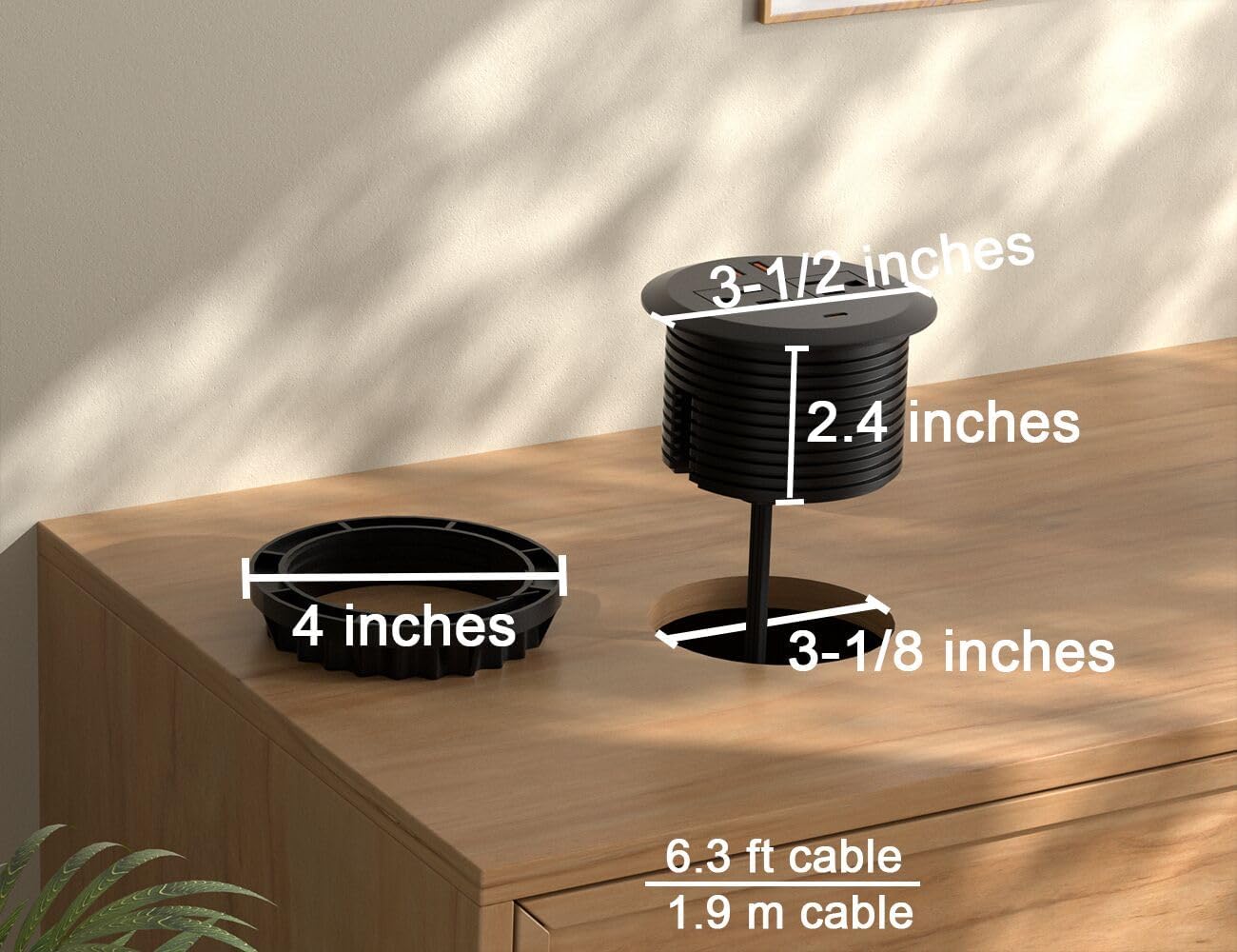 3 Inch Desktop Power Grommet,65W GaN USB C Fast Charging Station,3-USB Port,Flush Mounted for 3-1/8" Holes,Flat Plug.Round Recessed Desk Grommet Outlet for Workspace,Laptops,6.3ft,Black