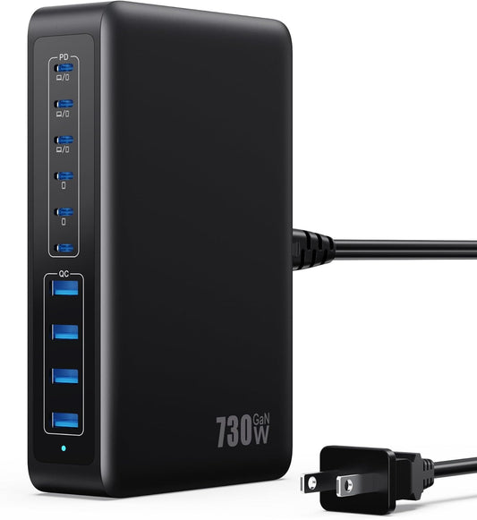 730W USB C Charger Block,10-Ports GaN V Fast Charging Station Hub,QC4.0+3 PD 100W Laptop Charger Wall Power Adapter for MacBook Pro/Air,DELL,iPhone 16/15/14/13,iPad,Galaxy S25,Pixel,Steam Desk-Black