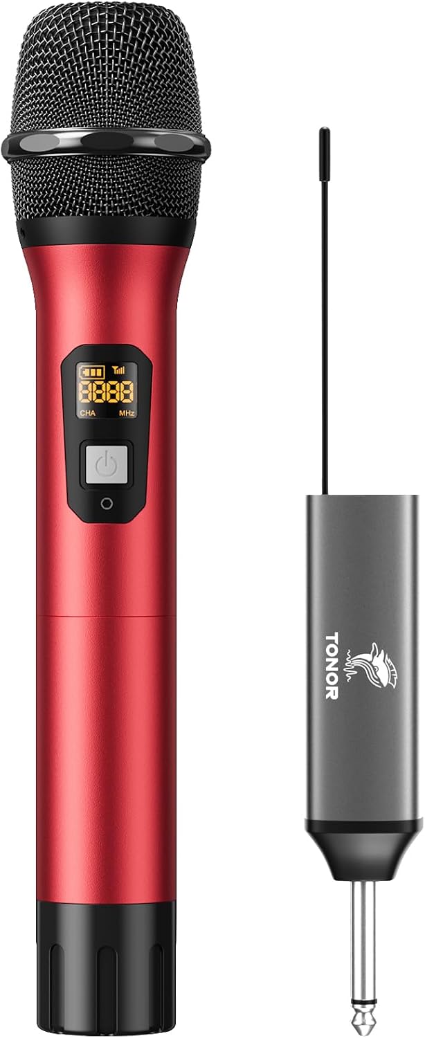 TONOR Wireless Microphones, Dual UHF Metal Cordless Mics with Rechargeable Receiver, Handheld Dynamic Mic System, Microfonos Inalambricos Professional for Karaoke Singing Wedding Part 200ft TW620, Red