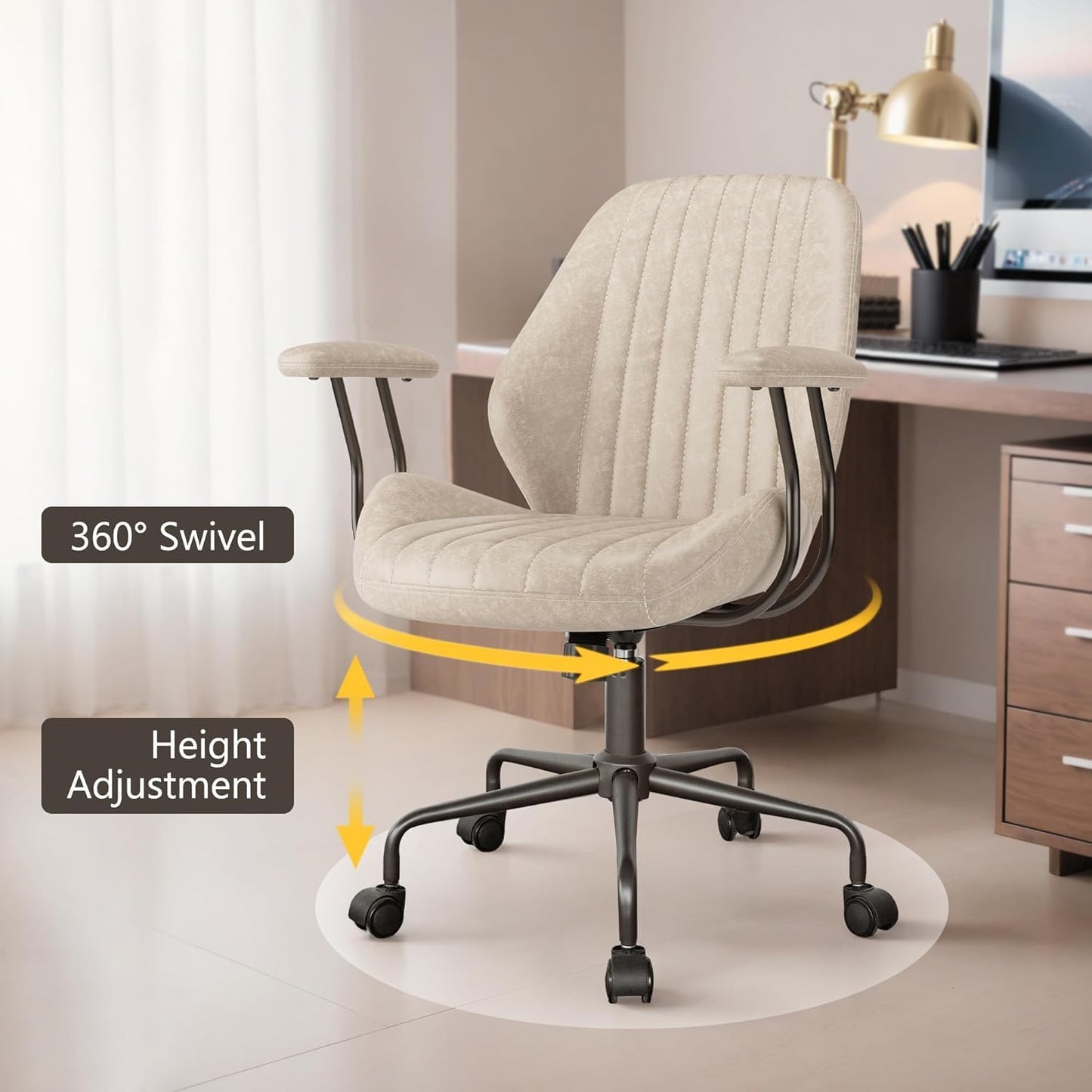 Mid Century Modren Office Chair - Swivel Executive Chair with Lumbar Support, Mid Back Ergonomic Computer Desk Chair with Wheels,Faux Lether Suede Task Chair,350lbs (Beige, Mid Back)