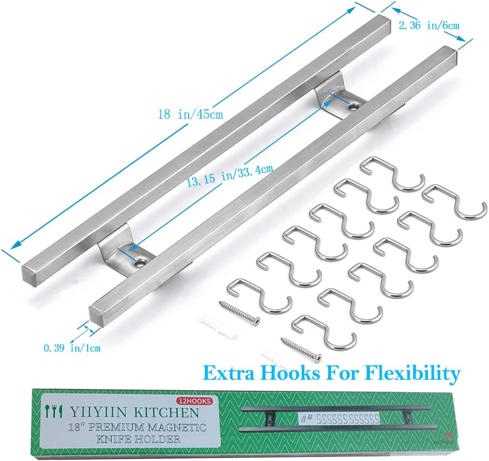YIIYIIN 18 Inch Magnetic Knife Holder for Wall Mount-Magnetic Knife Strips with 12 Hook-304 Stainless Steel Wall Magnetic Knife Bar Rack-Knife Block-Knife Rack-Utensil Hanger-Kitchen Utensil Holder