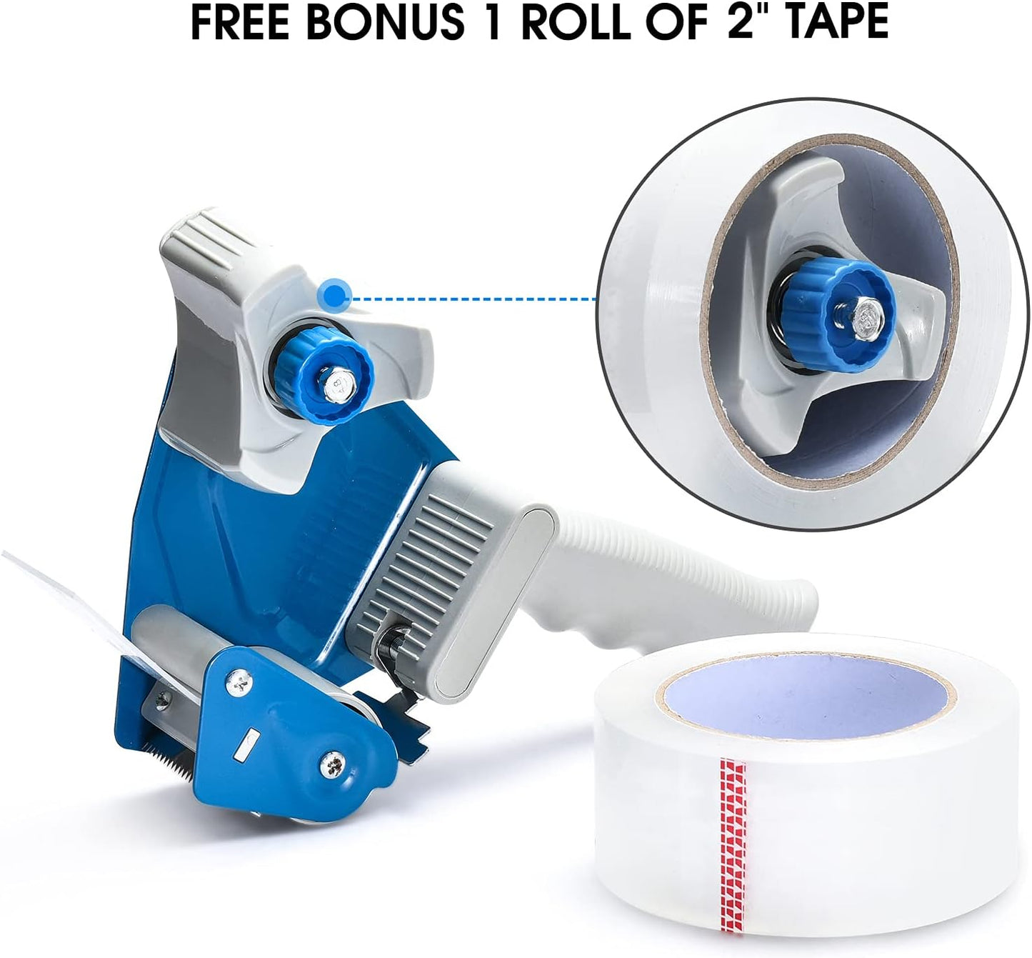 Pacific Mailer 2 Inch Tape Gun Dispenser with 2 Inch Carton Packing Tape, Lightweight Industrial Side Loading Tape Dispenser - Blue
