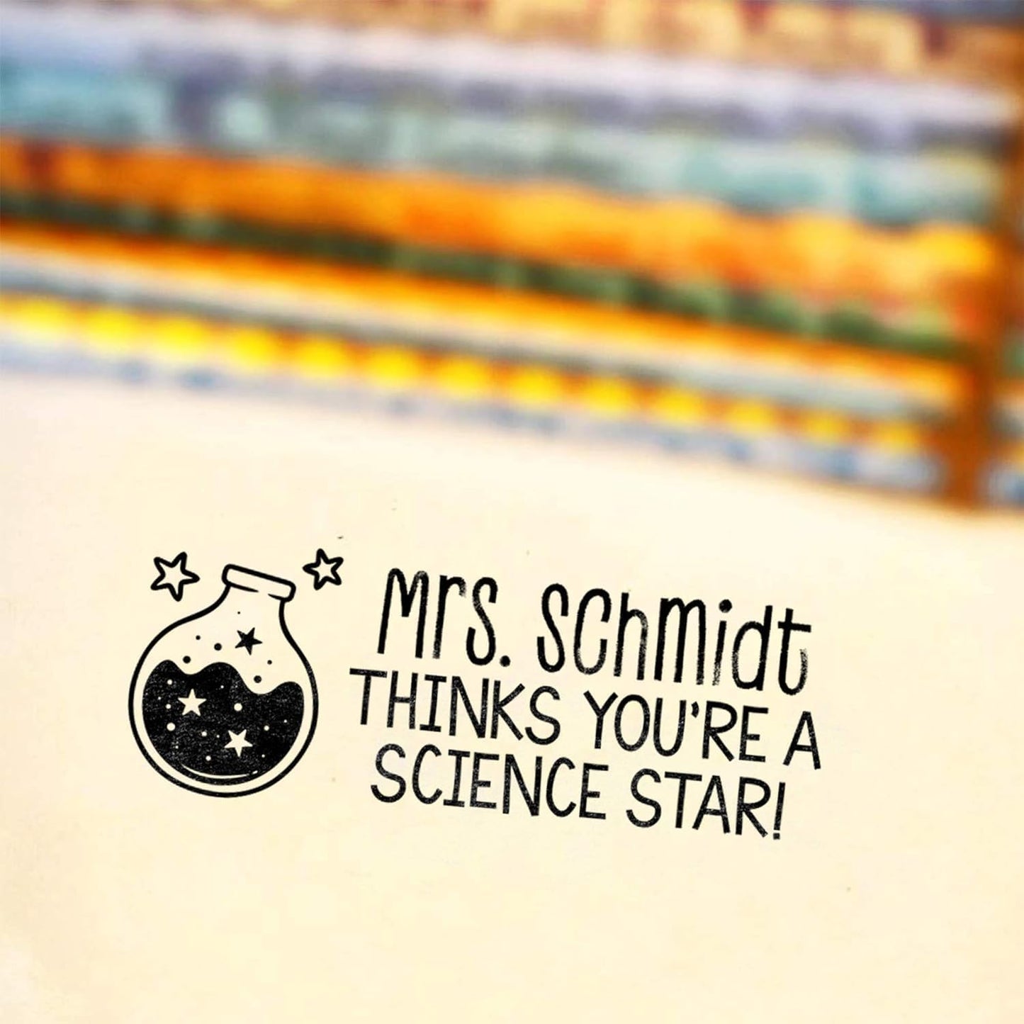 Custom Self-Inking Teacher Stamps | 49 Designs | Fun Phrases | Grading Made Easy | Classroom and Library Book Stamps (Science Star, Xtra Wide)