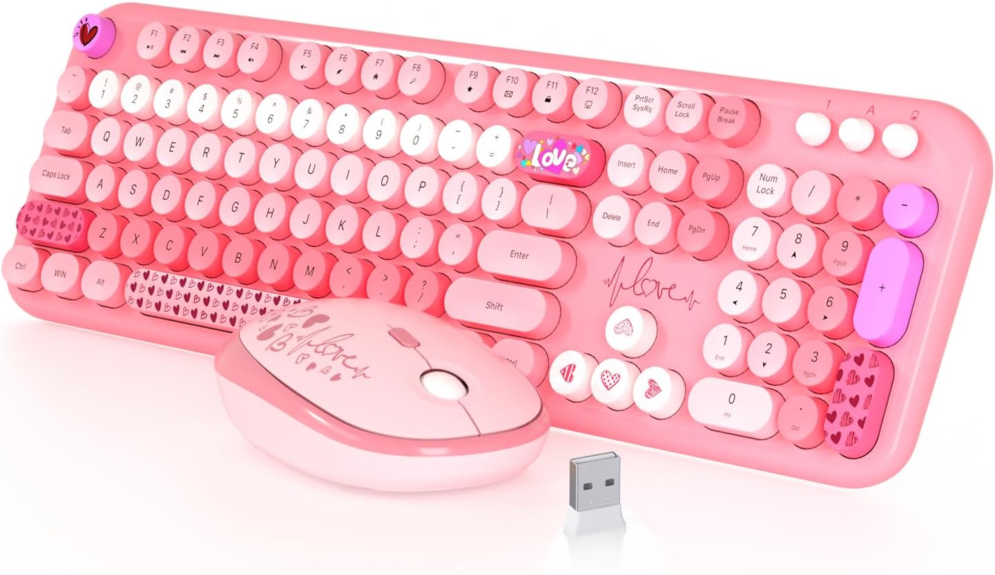 Wireless Keyboard and Mouse,MOFII 104 Round Keys Lovely Full-Size Cute Colorful Keyboard and Mouse with Retro Typewriter for PC/Mac/Laptop/Tablet/Computer/Windows Pink