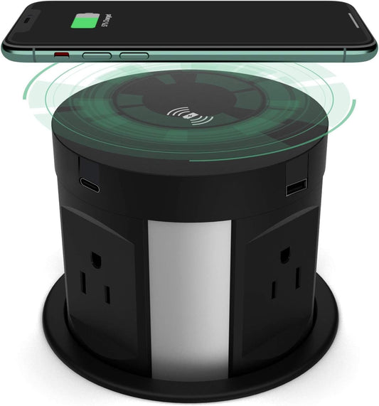 Automatic Pop Up Outlet for Countertop, Recessed Power Strip with 4 AC Outlets, 2 USB A, 2 USB C Pop Up Socket, Wireless Charger Station for Kitchen Conference Workbench, ETL Listed