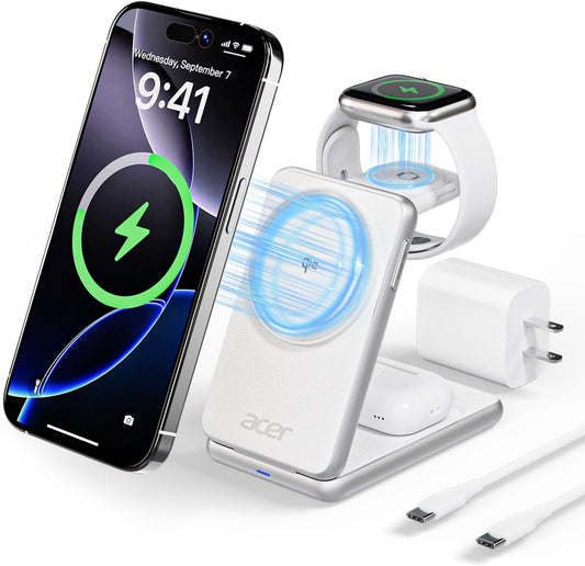Acer Magnetic Wireless Charger, 3 in 1 Wireless Charging Station, 15W Fast MagSafe Charger for iPhone 16 15 14 13 12 Series -Apple Watch 10 9 8 7 6 5 4 3 2 SE and Ultra Series-Airpods 4 3 2 Pro Series