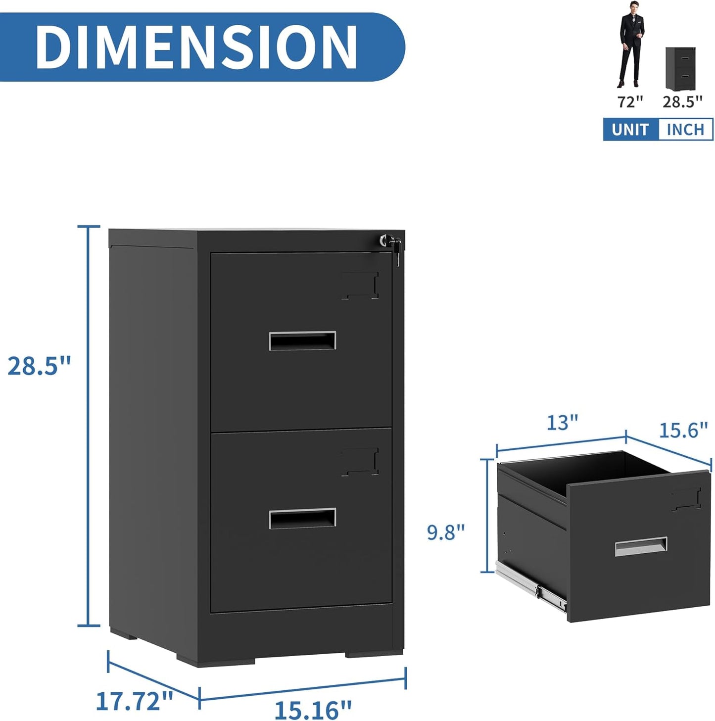2 Drawer File Cabinet with Lock and Card Slot, Metal Vertical Filing Cabinets for Home Office, Steel Storage Cabinet for Hanging Legal/Letter Size Files, Assembly Required (Black)