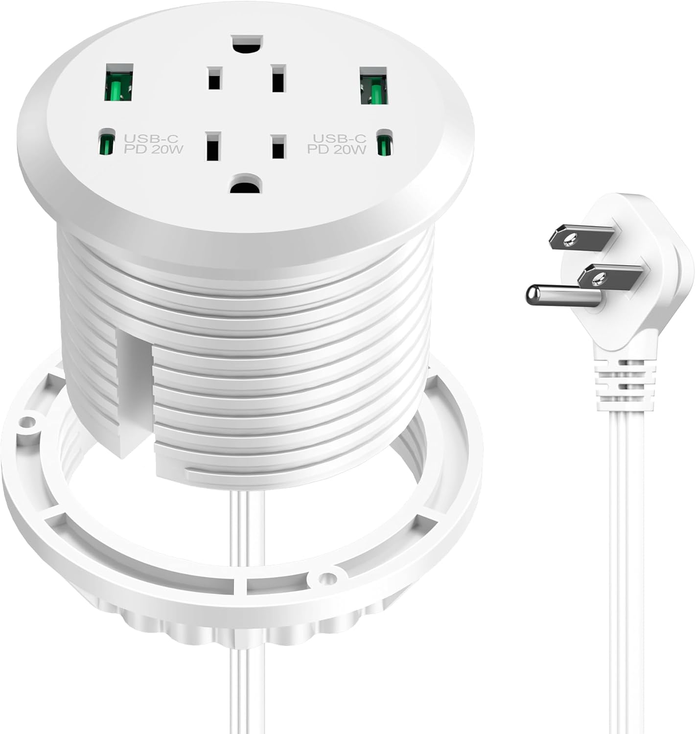 3 inch Desktop Power Grommet with PD 20W USB C,Furniture Recessed Power Strip,2 Outlets,4 USB Ports,40W Total,Flush-Mount for Desktop, Workspace Essential Desk Outlet (White, 3 FT Cable)