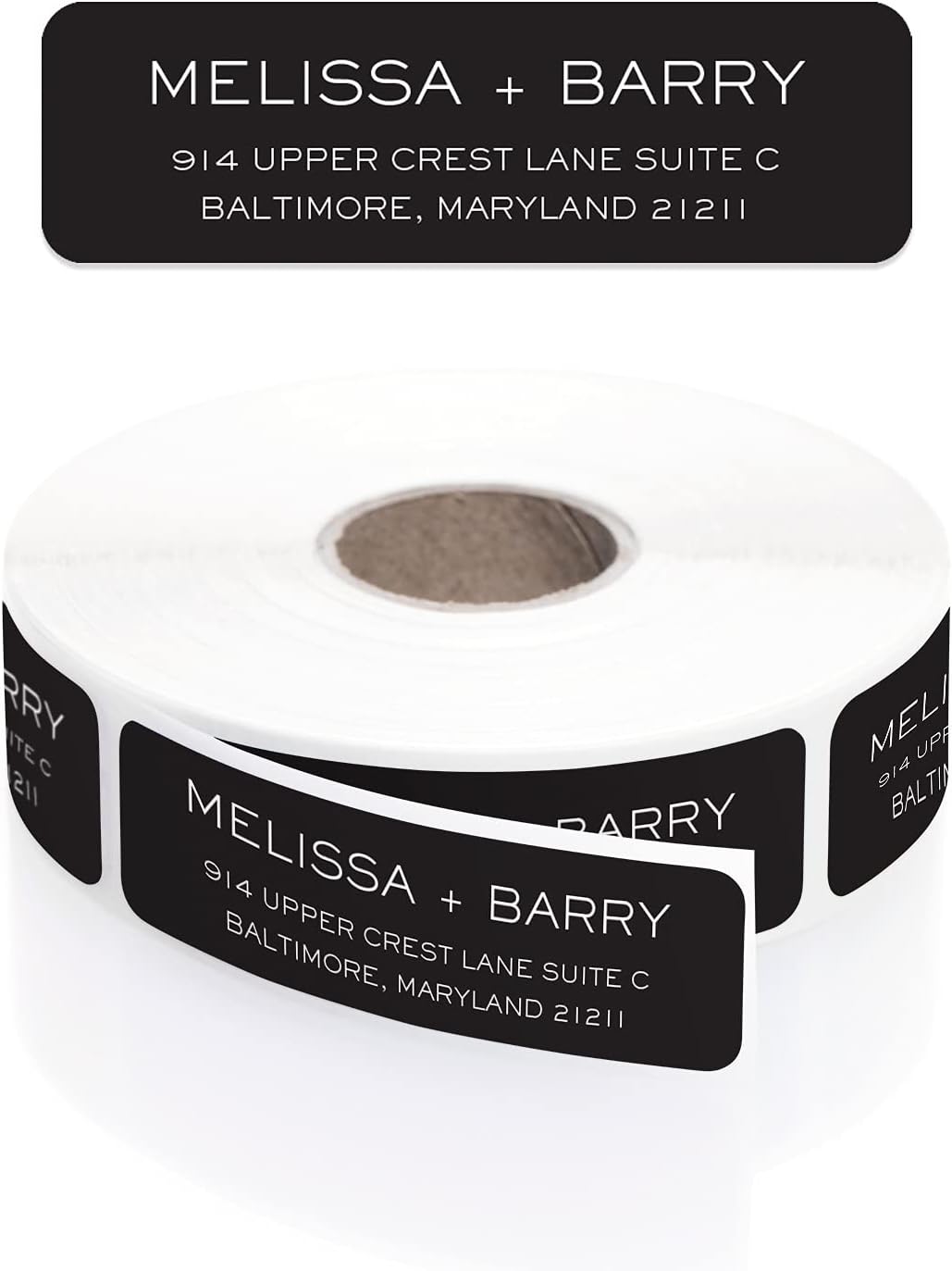 Striking Black Modern Rolled Address Labels/Roll of 250 Personalized Address Labels/Designer Return Address Stickers in Elegant Plastic Dispenser