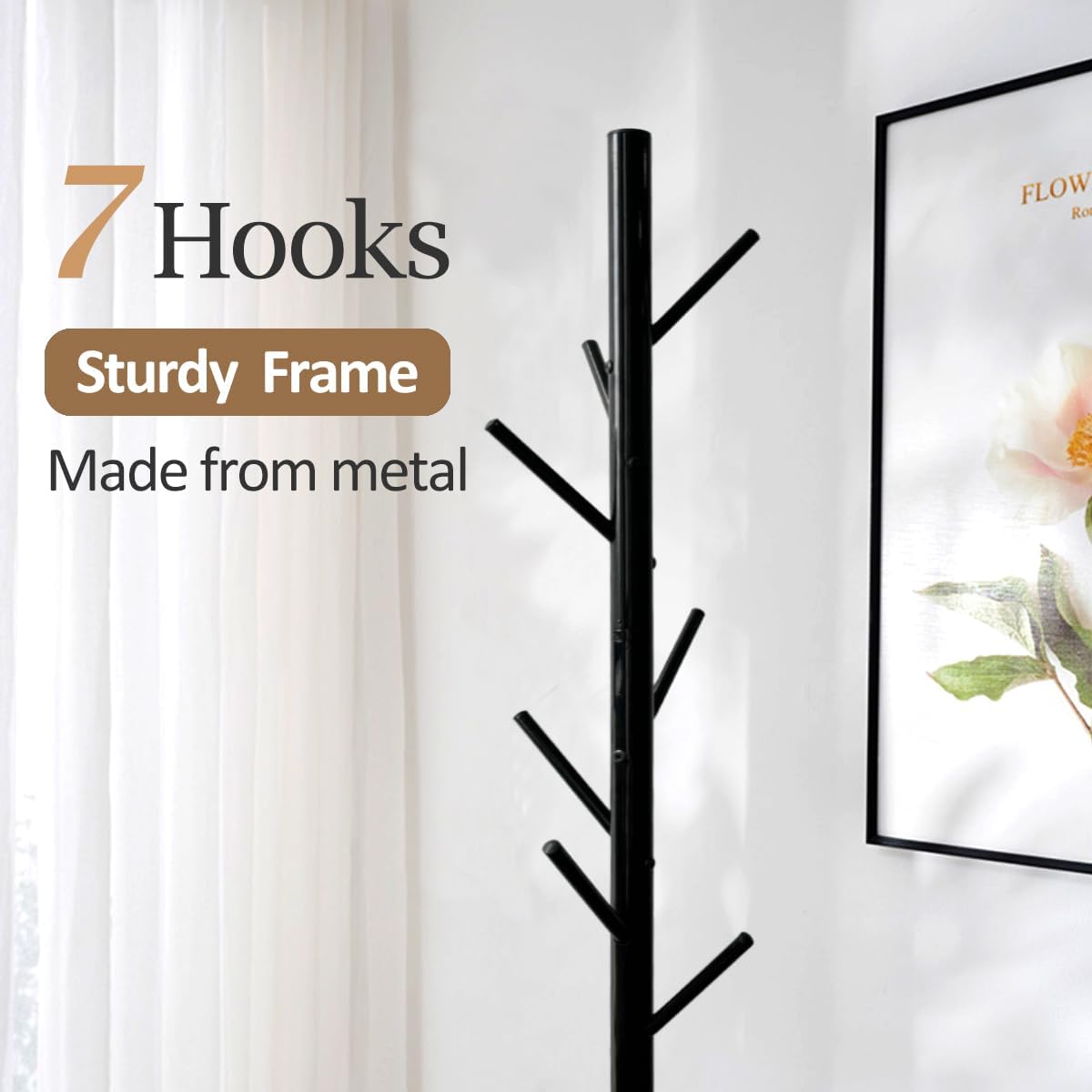 Kertnic Modern Coat Rack Freestanding with Natural Marble Base & Sturdy Metal Frame, 7 Hooks Hall Tree for Jackets, Hats, Bags, Entryway Organizer for Bedroom, Living Room, Closet (7 hooks-Black)