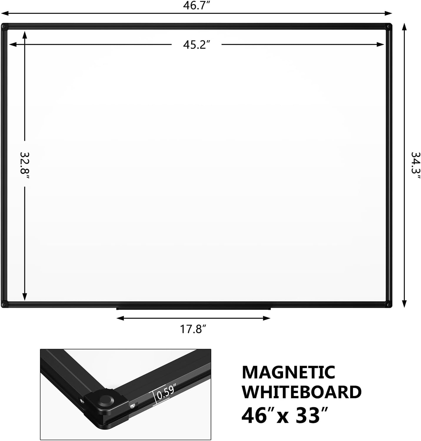 Magnetic Dry Erase Whiteboard - 46 x 33 Inch White Board - 4 x 3 Large Wall-Mounted Board with Black Aluminum Frame, 1 Magnetic Eraser, 2 Pen, Detachable Marker Tray, 6 Magnets