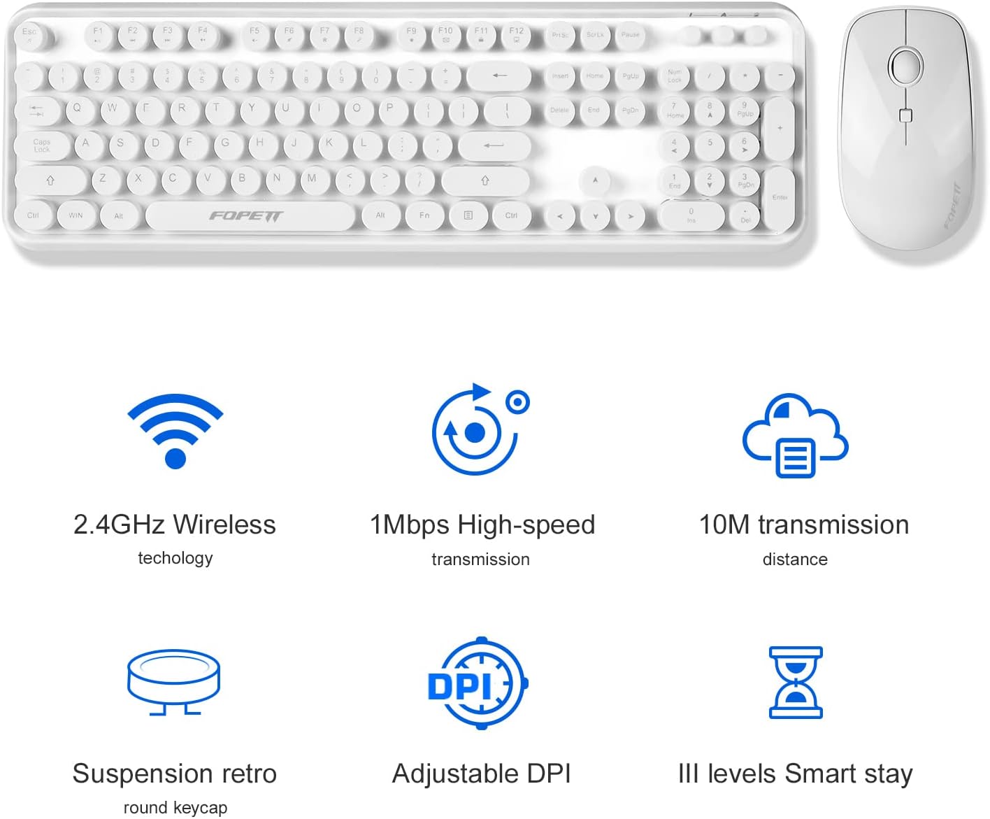 FOPETT Wireless Keyboard and Mouse Combo, 104 Keys Full-Sized 2.4 GHz Round Keycap Colorful Keyboards, USB Receiver Plug and Play, for Windows, Mac, PC, Laptop, Desktop (White)