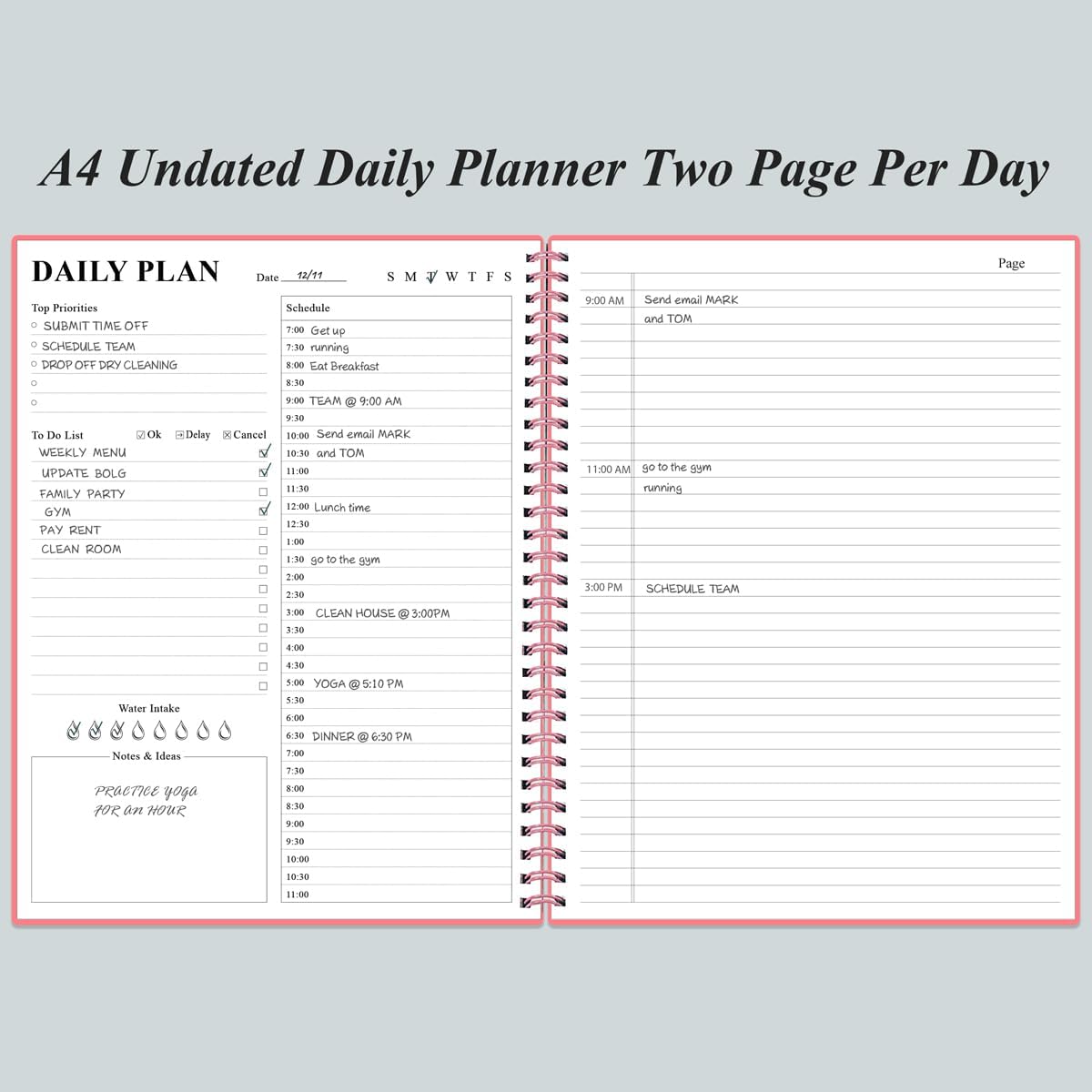 Daily Planner Undated - A4 To Do List Notebook Hourly Schedules, Spiral Appointment Planner for Women and Men,PVC Hardcover, Inner Pocket, Elastic Closure, 8.5" x 11", Pink