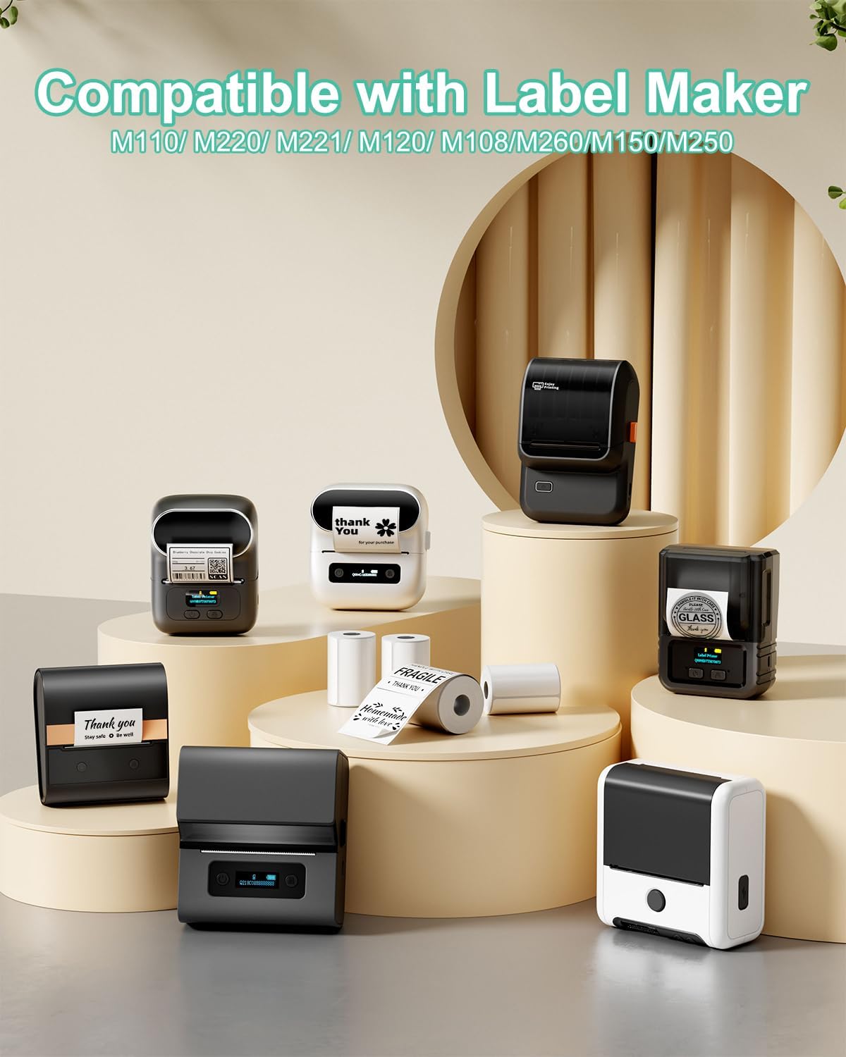 M100 Square Label 1.57'' x 1.18'' (40 x 30 mm), Compatible with Label Maker M110/ M220/ M221/ M120/ M200/M260/M150, White, 230 Labels/Roll, Multi-Purpose Adhesive Thermal Labels, Black on White