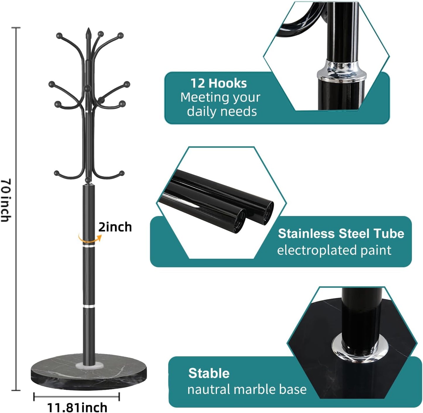 Coat Rack with Natural Marble Base, Metal Modern Coat Racks Freestanding, Coat Rack Stand with 12 Hooks, Coat Tree Hats Hanger Stand for Entryway, Hallway (12 Hooks-Black)