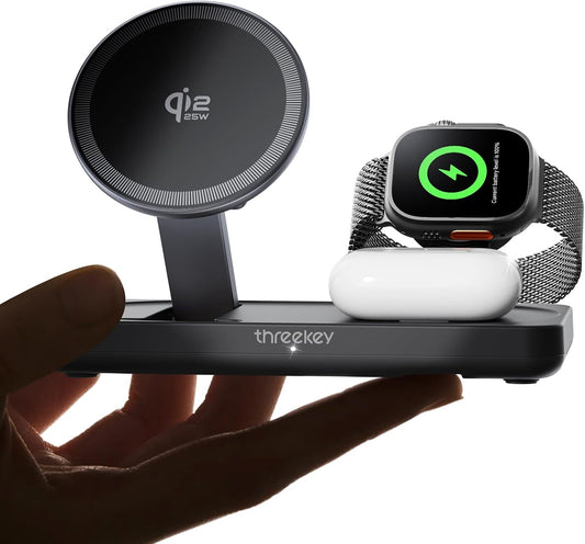Qi 25W MagSafe 3-in-1 Wireless Charging Station, MFI Certified by Apple, Fast Foldable Charger Stand for iPhone 17/16/15/14/13/12 Pro Max, Apple Watch, AirPods(45W Adapter Included)